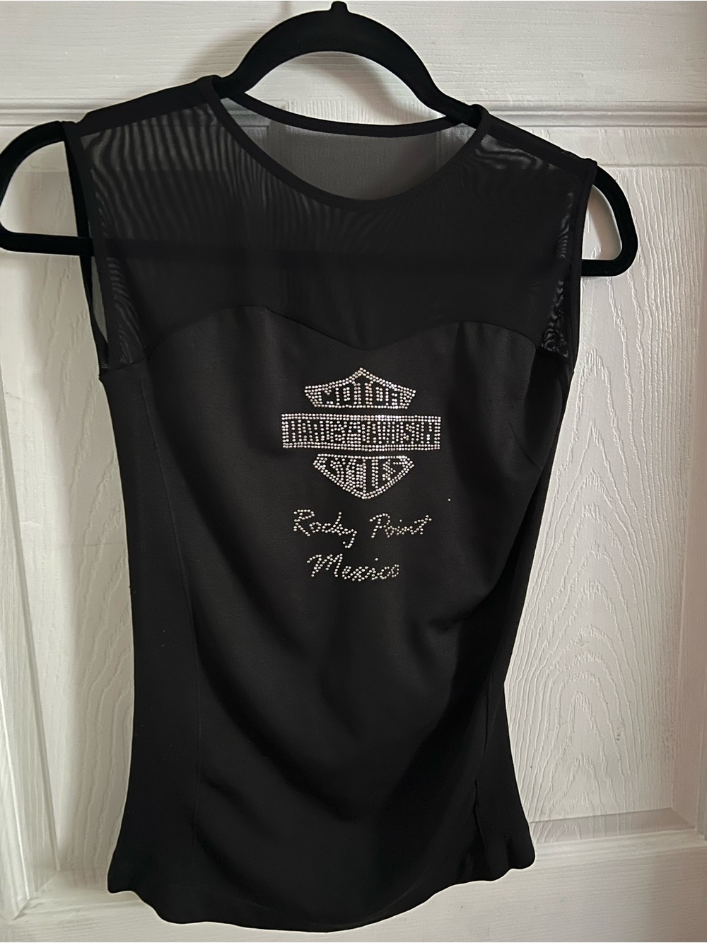 Black Sleeveless Mesh Yoke Top with Rhinestone  Harley Davidson Logo